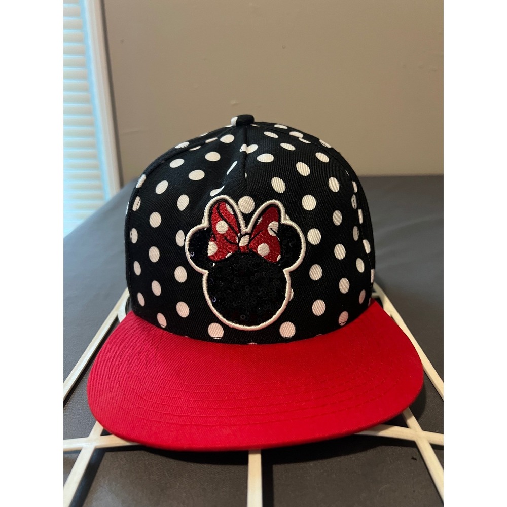 Disney Minnie Mouse Snapback Hat Polka Dot Sequin Red Black White Flat Brim Cap